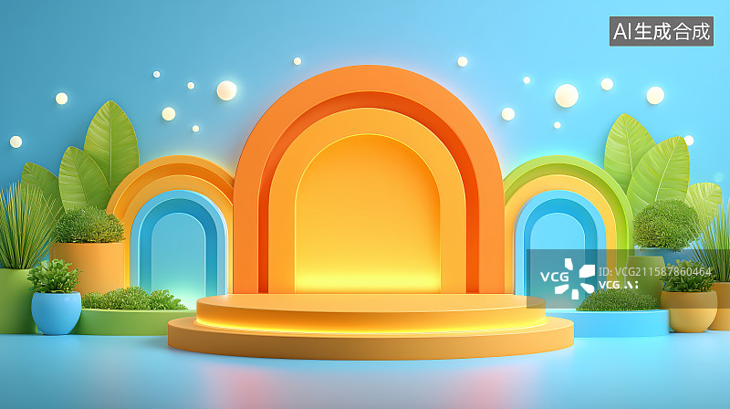 【AI数字艺术】彩虹拱门与圆形舞台的现代艺术场景图片素材