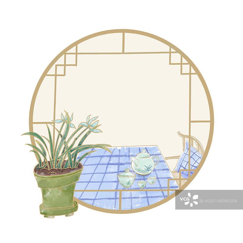 国风  古窗室内静物茶室插画图片素材