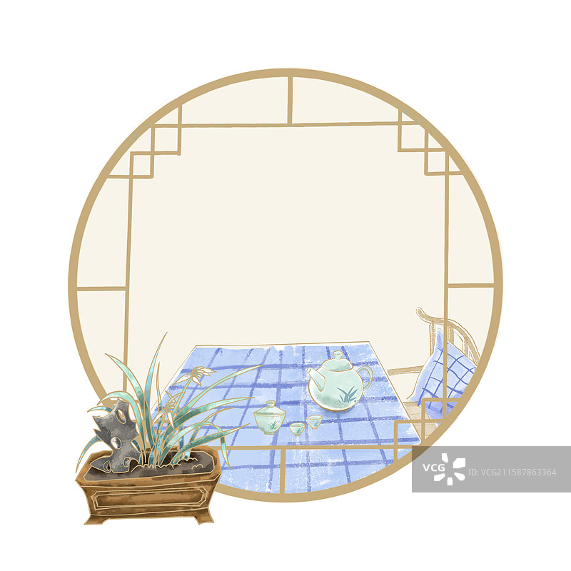 国风  古窗室内静物茶室插画图片素材