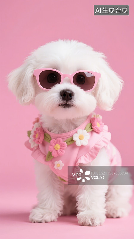 【AI数字艺术】戴粉色墨镜的小白狗图片素材
