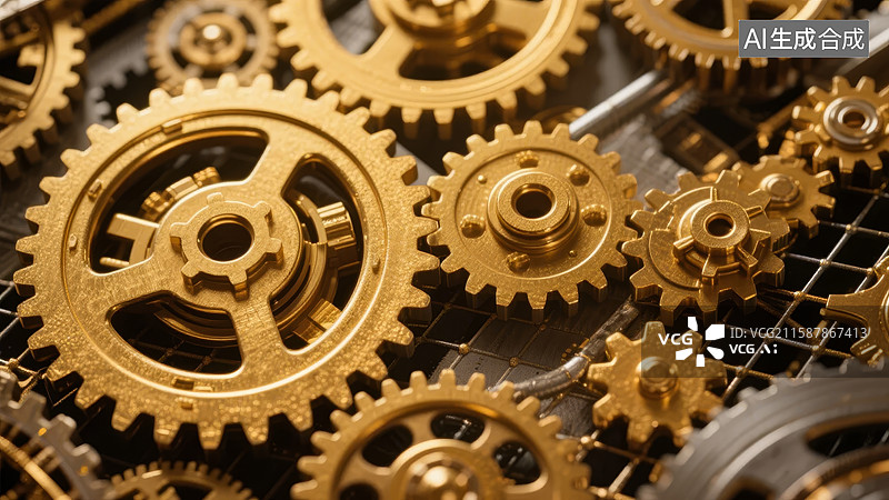 【AI数字艺术】金色齿轮精密机械装置图片素材