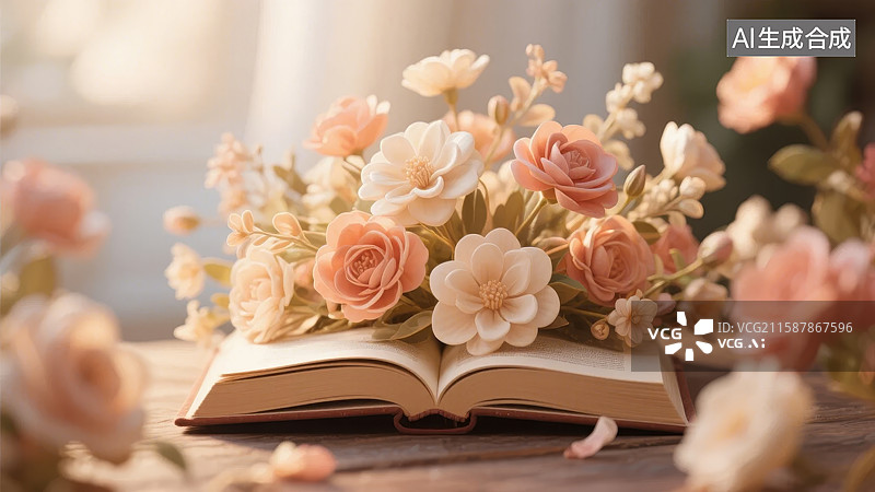 【AI数字艺术】花簇中的打开书本图片素材