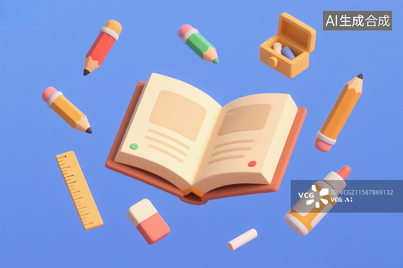 【AI数字艺术】蓝色背景，翻开的书页，铅笔与橡皮擦，各类文具插画图片素材