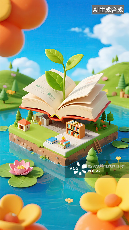 【AI数字艺术】清新春日读书主题，画面中心是一本打开的书图片素材