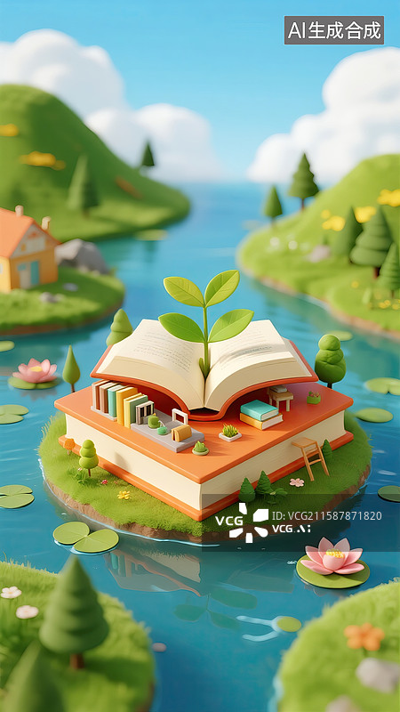 【AI数字艺术】清新春日读书主题，画面中心是一本打开的书图片素材