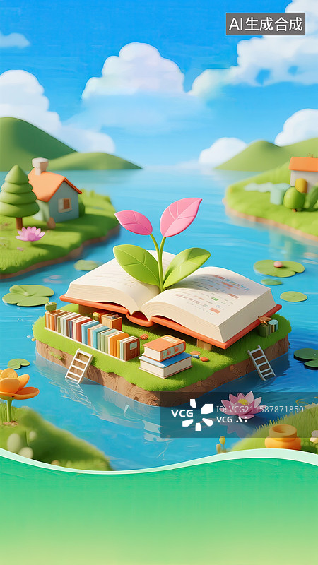 【AI数字艺术】清新春日读书主题，画面中心是一本打开的书图片素材
