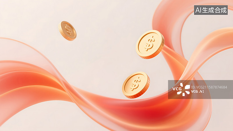【AI数字艺术】红色丝绸前漂浮的美元金币3D插画图片素材