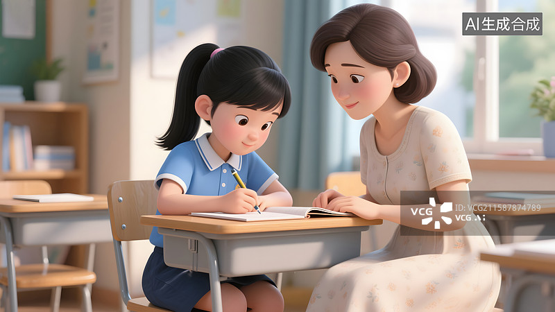 【AI数字艺术】3D卡通老师在教室辅导学生做作业图片素材