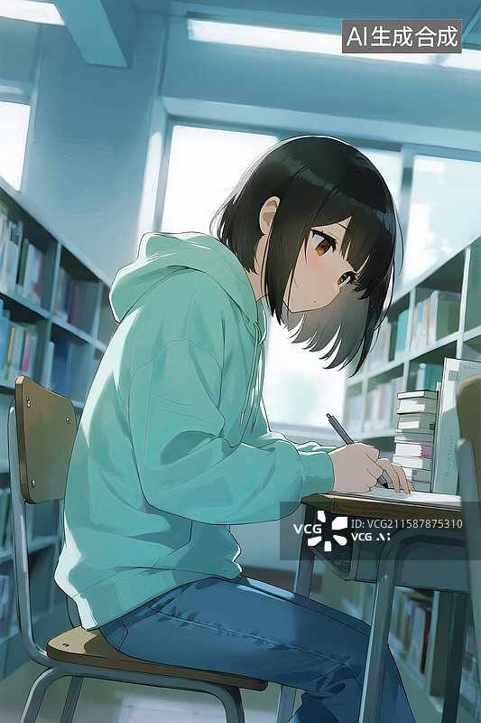 【AI数字艺术】图书馆自习室学习的女学生图片素材