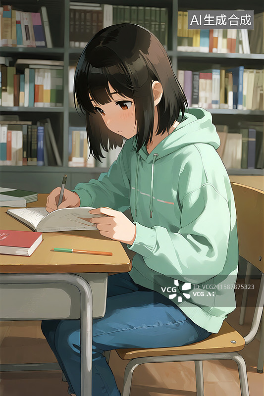 【AI数字艺术】图书馆自习室学习的女学生图片素材