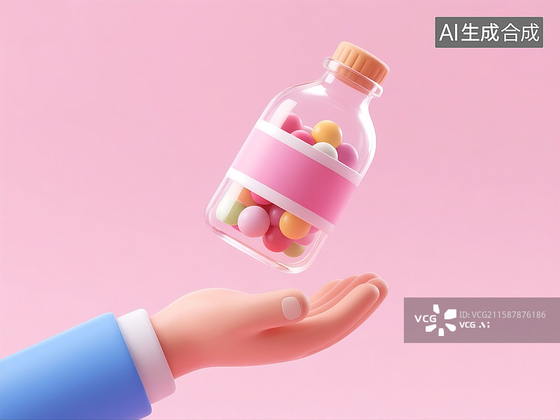【AI数字艺术】3D立体三维C4D手捧着一个装有彩色糖果的玻璃瓶子图片素材