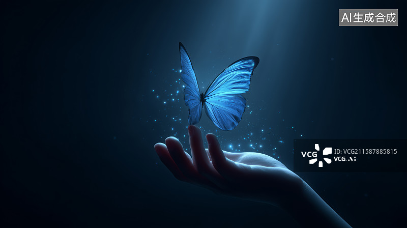 【AI数字艺术】蓝蝶栖手梦幻场景图片素材