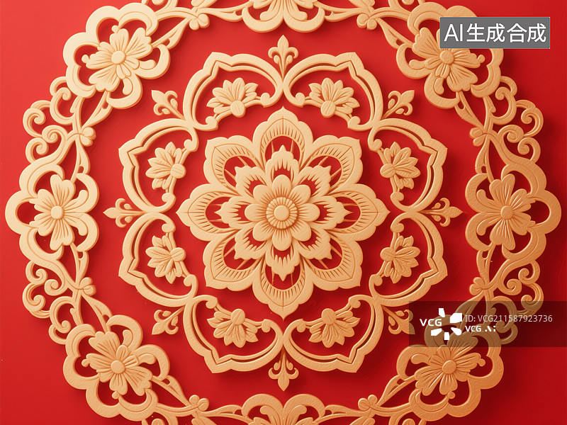 【AI数字艺术】红色背景上的精美花卉镂空图案图片素材