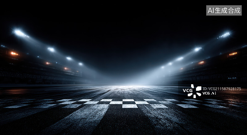 【AI数字艺术】夜晚赛道与方格旗的亮灯场景图片素材