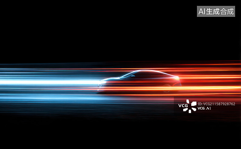 【AI数字艺术】高速行驶的汽车与彩色光轨图片素材