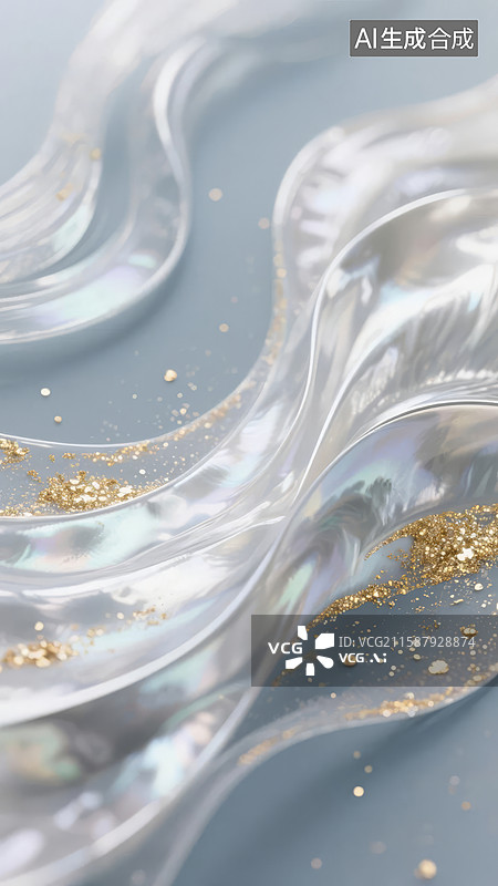 【AI数字艺术】金色闪光点缀的透明波浪纹理图片素材