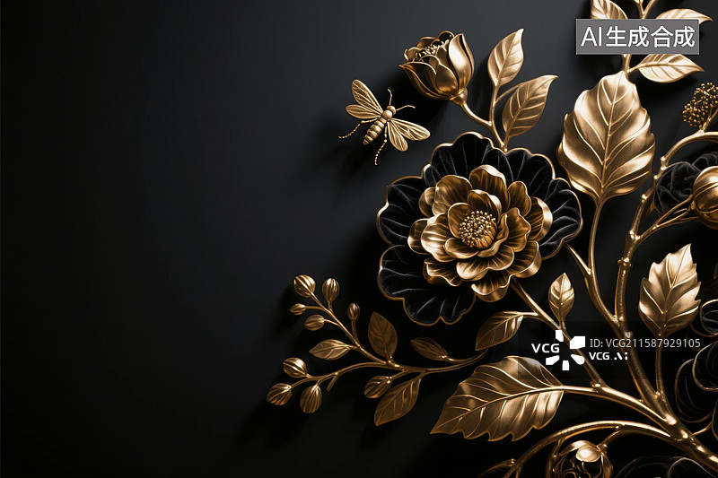 【AI数字艺术】金色花卉装饰在黑色背景上图片素材