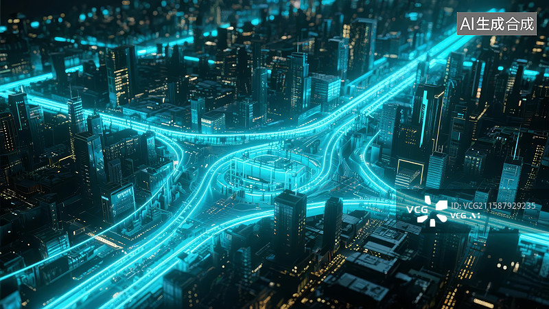 【AI数字艺术】未来城市夜景与光轨交通图片素材