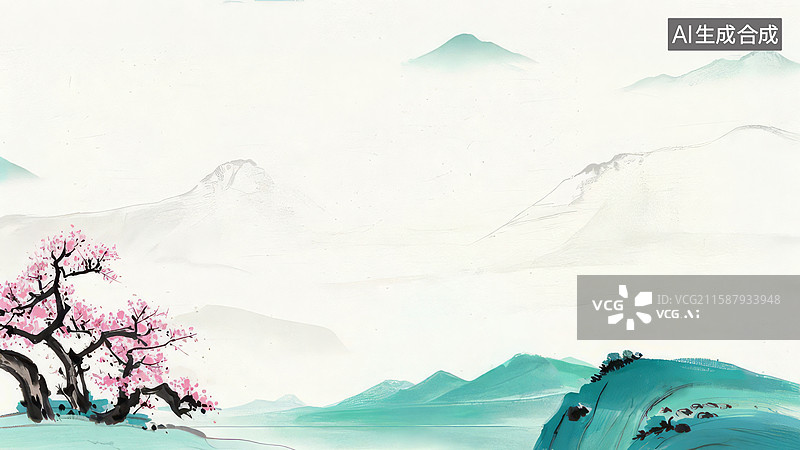 【AI数字艺术】水墨山水画，桃花盛开图片素材