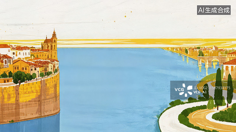【AI数字艺术】河畔古城与桥梁图片素材