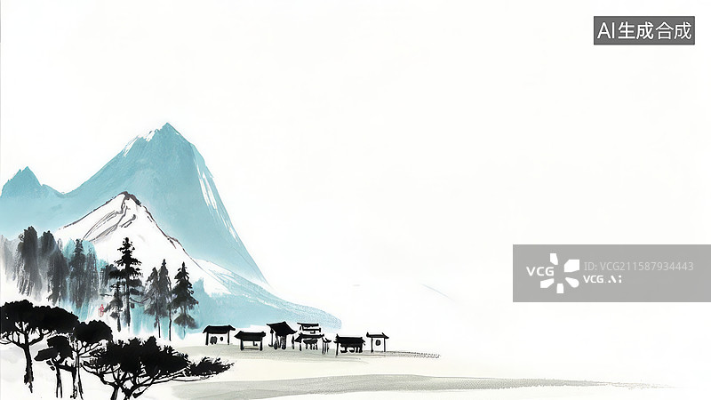 【AI数字艺术】山水画中的村庄与远山图片素材