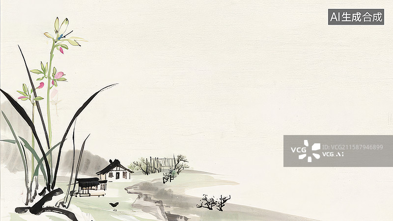 【AI数字艺术】水墨兰花与远山小屋图片素材