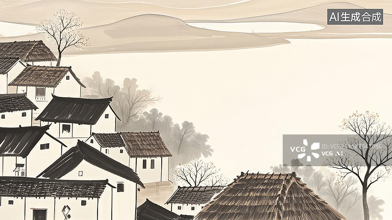 【AI数字艺术】古朴村落与宁静山水图片素材