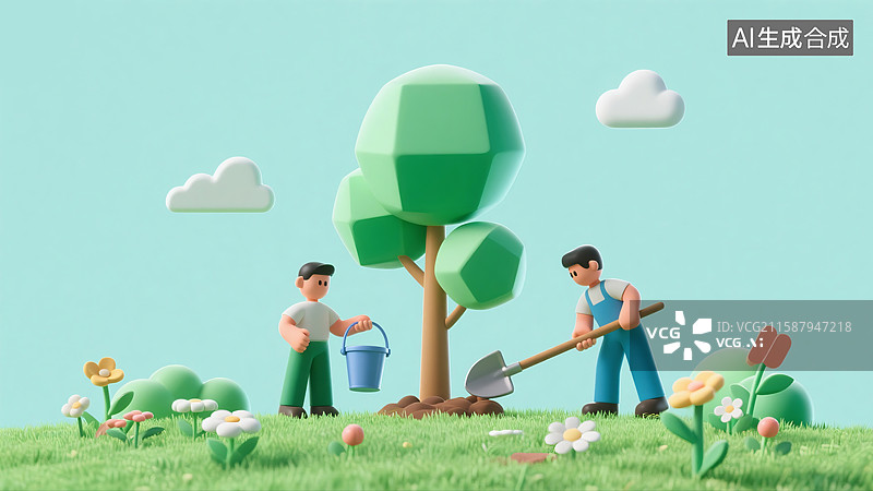 【AI数字艺术】两位男性在种树浇水花朵白云植树节三维图图片素材