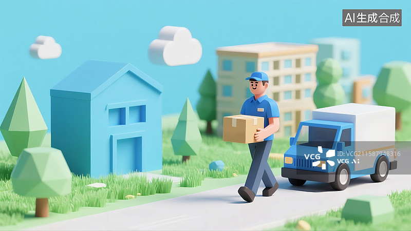 【AI数字艺术】快递员抱着包裹送快递房屋树木货车商务三维图图片素材