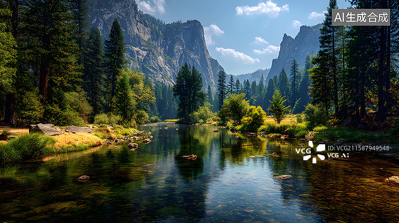 【AI数字艺术】静谧湖泊与森林倒影图片素材