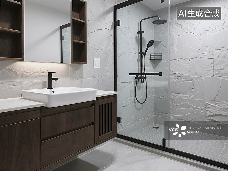 【AI数字艺术】中式风格的现代淋浴间图片素材