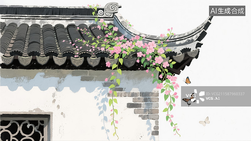 【AI数字艺术】中式建筑屋檐花丛蝴蝶风景插画图片素材