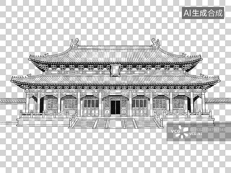 【AI数字艺术】黑白线稿中国古建筑—殿图片素材