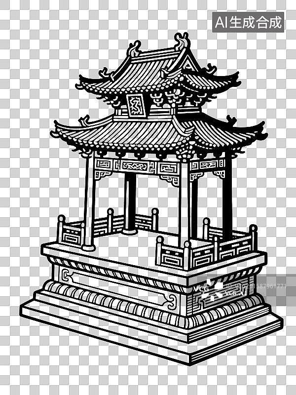 【AI数字艺术】黑白线稿中国古建筑—台图片素材