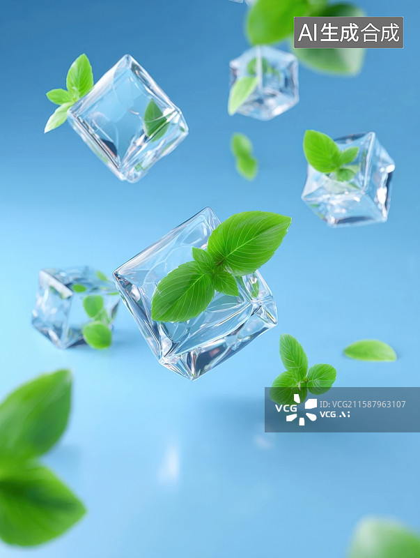 【AI数字艺术】清新冰块与新鲜薄荷叶图片素材