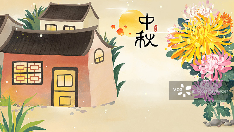 中国传统节日中秋节插画赏花赏月吃月饼分层文件横版合并无人图片素材