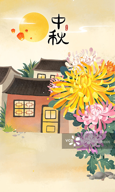 中国传统节日中秋节插画赏花赏月吃月饼分层文件竖版合并无人图片素材