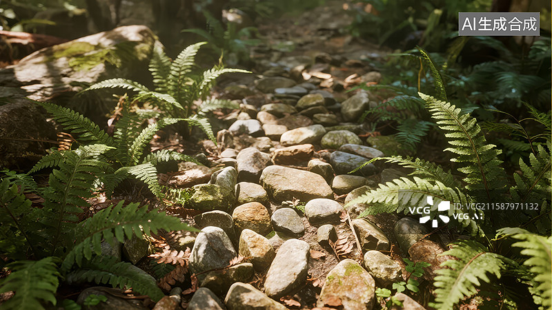 【AI数字艺术】林间石径与蕨类植物图片素材