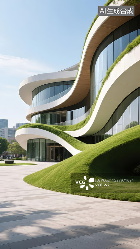 【AI数字艺术】现代流线型建筑与绿色屋顶图片素材