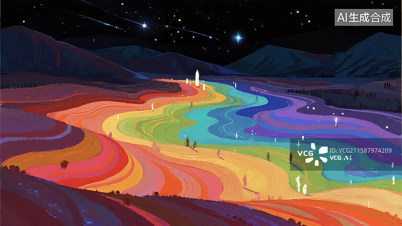 【AI数字艺术】彩虹河流夜景图片素材
