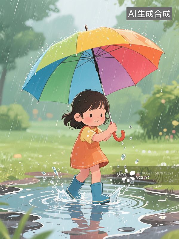 【AI数字艺术】下雨天一个小女孩拿着五颜六色的雨伞在水坑里踩水玩水，穿着雨鞋，可爱极了，插画风格图片素材