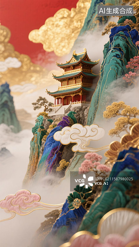 【AI数字艺术】国潮风云端琼楼插画图片素材