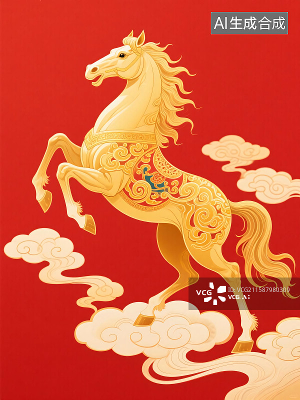 【AI数字艺术】国潮风鎏金马年插画图片素材