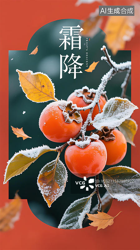 【AI数字艺术】霜降节气海报：霜柿与秋叶的艺术呈现图片素材