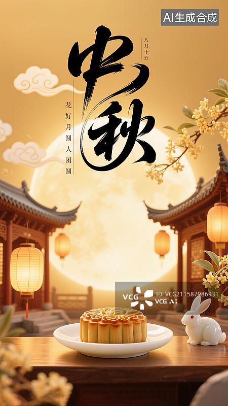 【AI数字艺术】中秋海报：月饼、玉兔与古典建筑赏月图片素材