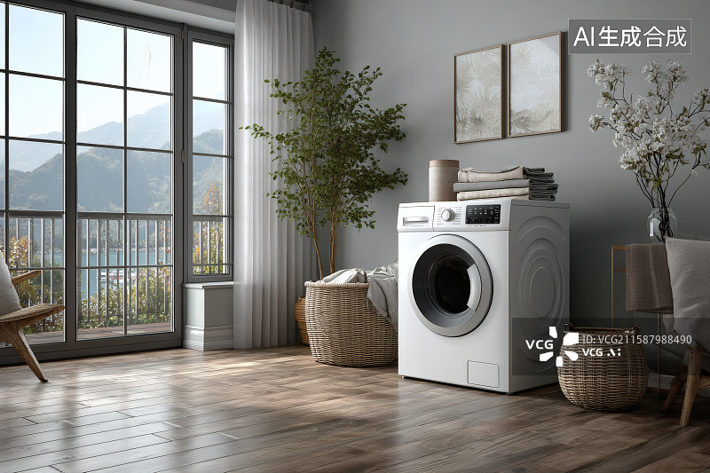 【AI数字艺术】室内空间，地板上的一台洗衣机图片素材