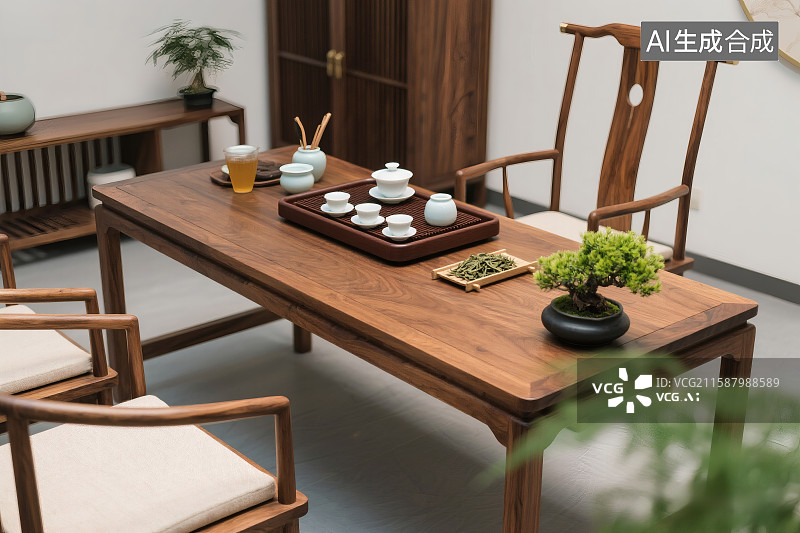【AI数字艺术】茶室的茶桌上，摆放着各类茶具茶叶，茶文化背景图图片素材