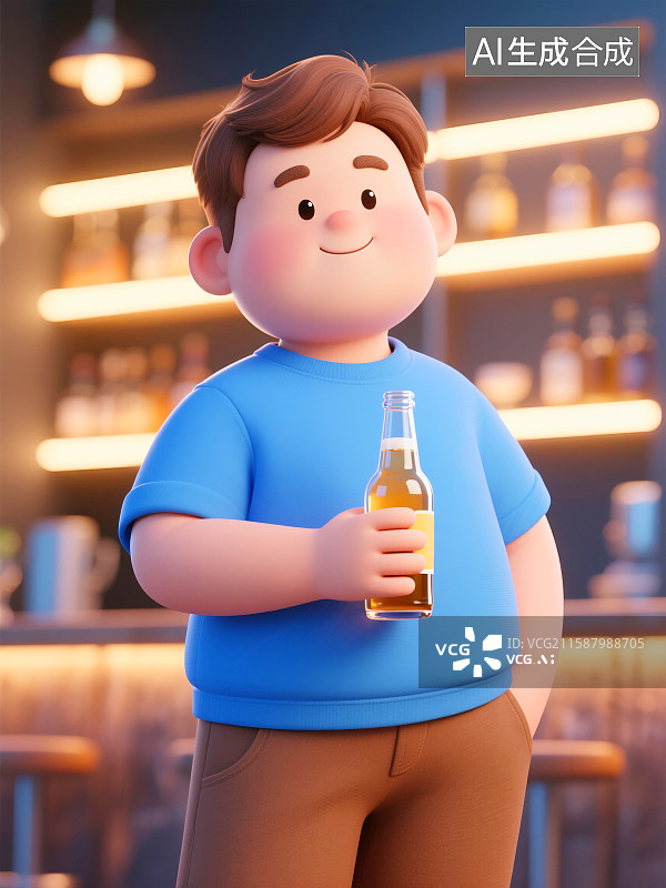 【AI数字艺术】3D酒吧拿着啤酒瓶的微胖青年插画图片素材