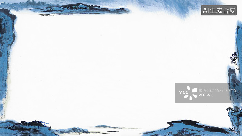 【AI数字艺术】复古中国风水墨画常规背景，新国风青绿山水千里江山图斧劈皴披麻皴法留白绘本插图装饰画印花图案花边边框图片素材