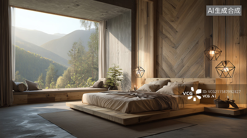 【AI数字艺术】现代极简山景卧室图片素材